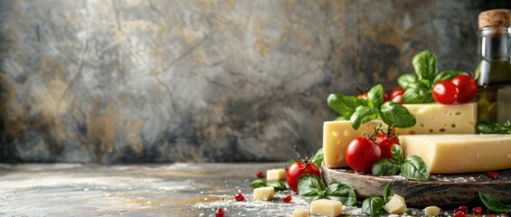 Assorted cheeses with cherry tomatoes, fresh basil and olive oil on a rustic board &ndash; gourmet dairy appetizers