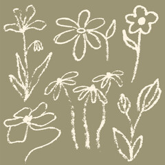 Set of cute hand drawn linear flower doodles with chalk crayon texture lines on sage green background for nursery or spring design