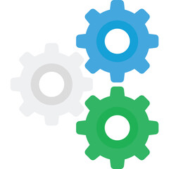 Three Interlocking Gears in Blue Gray and Green on Transparent Background Representing Collaboration and Mechanics