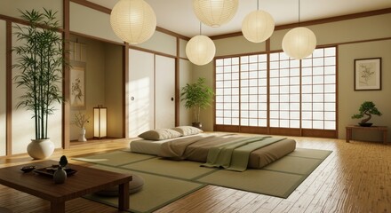 Fototapeta premium Serene Japanese bedroom with shoji screens and low bed