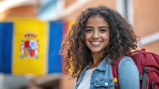 Smiling young woman with backpack in front of colorful flag, curly hair flowing