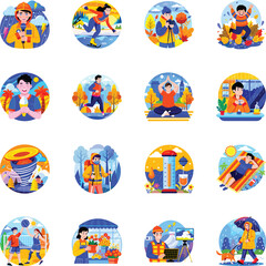 Fototapeta premium Trendy Collection of 16 Seasonal Activities Flat Style Illustrations 