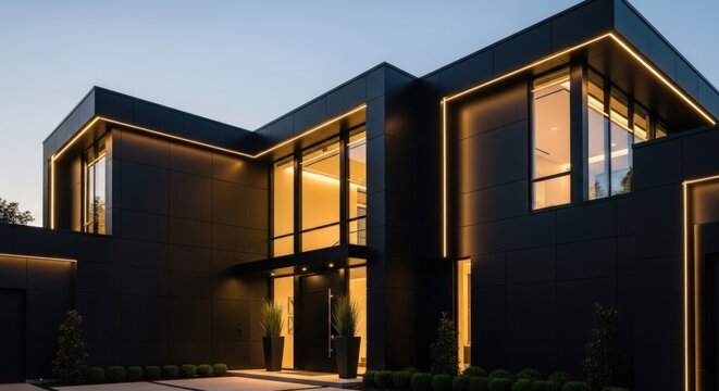 Contemporary dark home with glowing windows at dusk