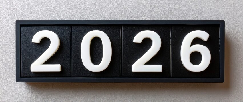 Year display shows 2026 in simple black and white design