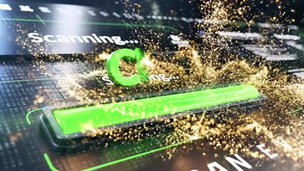 Close-up of a high-tech scanner with a vivid green progress bar flickering sparks and digital grids - Powered by Adobe