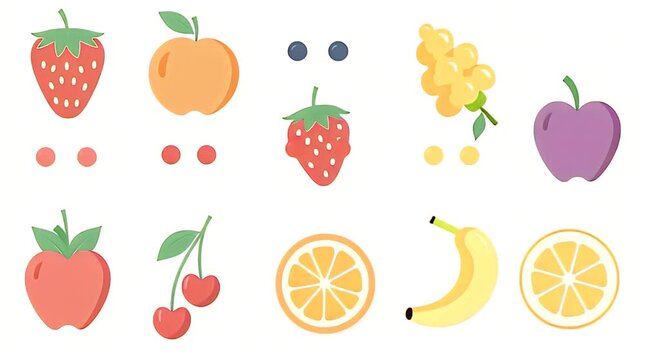 Bold-outline fruit clipart set featuring strawberries, blueberries, apples, oranges, grapes, cherries, bananas, and tropical pieces. Clean vector icons for packaging, labels, juice branding, stickers,