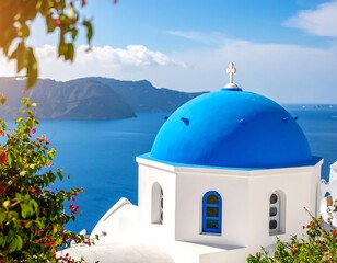 Whitewashed church with blue dome overlooking Aegean Sea