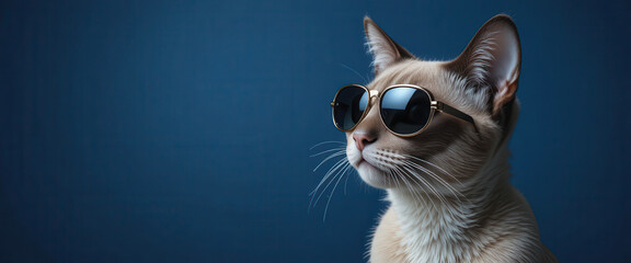 Stylish cat wearing reflective sunglasses against a dark blue studio background, creating a cool modern pet portrait with clean minimal aesthetics perfect for creative designs and playful branding vis