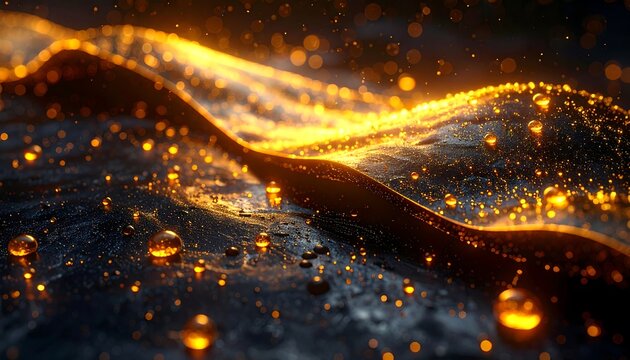 Abstract golden wave with glowing particles and bokeh.