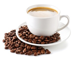 White coffee cup filled with dark coffee and coffee beans