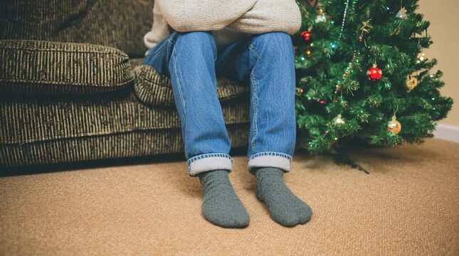 A nervous person wearing jeans and grey socks sits on the sofa next to a Christmas tree. Anxiety. Fear of being alone on New Year. Anxious human due to solitude