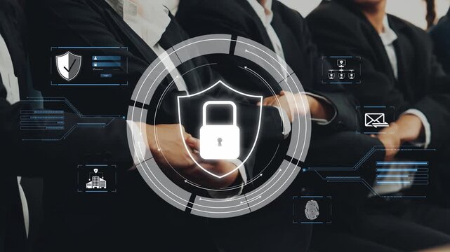 A group of professionals engage in a business meeting focused on cybersecurity and data protection, highlighting the importance of secure digital practices in modern corporate environments. Raster