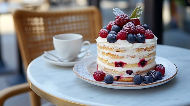 A gourmet pastry cake with fresh berries and cream displayed on a modern outdoor cafe table
