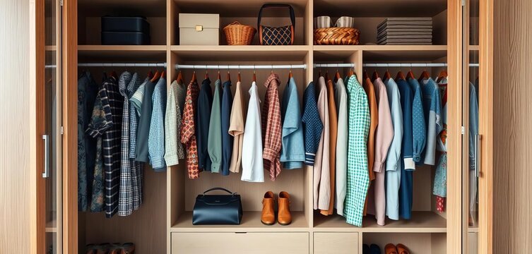 Stylish open wardrobe with neatly arranged clothes and accessories, outfit, graphic - Powered by Adobe