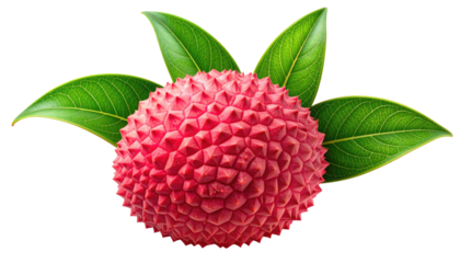 Red fruit with spiky skin, surrounded by green leaves