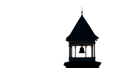 A traditional village schoolhouse bell tower, its bell silhouetted against a bright sky, isolated on a Transparent background