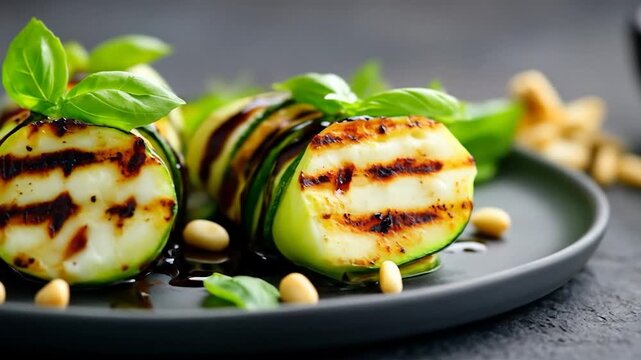Grilled zucchini slices with balsamic glaze and fresh basil