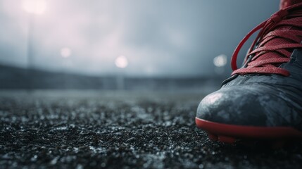 Close up view of soccer cleat on an astroturf field under stadium lights