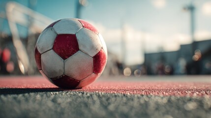 Close-up of a red and white soccer ball on an outdoor playing field