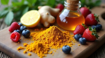 Natural health remedy ingredients turmeric ginger lemon berries and honey