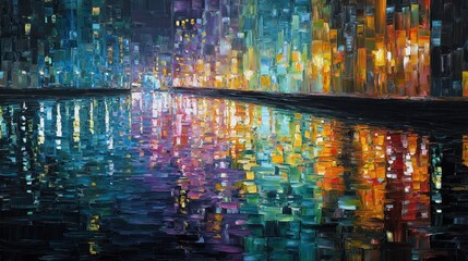 Fototapeta premium Abstract night cityscape painting with reflections and colorful lights
