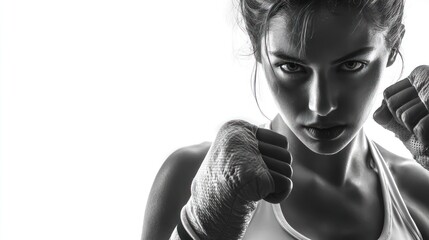 Powerful black and white portrait of a determined female athlete in fighting stance
