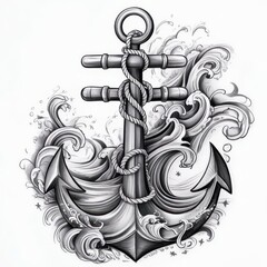 Detailed monochrome illustration of an anchor entwined with rope amidst stylized ocean waves art