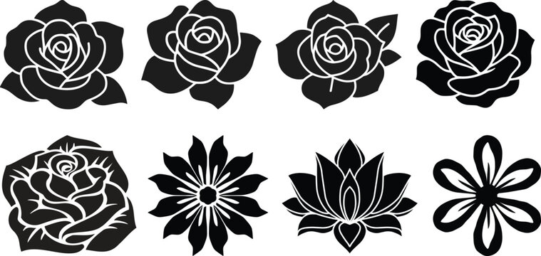 Set of black rose flower silhouettes floral design elements on white.Vector rose icon. Set of decorative flower silhouettes for your design.Set of decorative rose with leaves. Flower silhoutte. 
