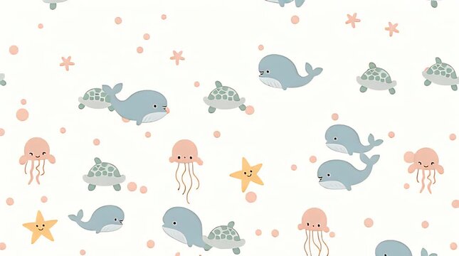 Seamless pattern of kawaii ocean animals&mdash;whales, starfish, dolphins, jellyfish, turtles, crabs&mdash;arranged in a playful pastel palette. Ideal for baby products, kids&rsquo; fabrics, wallpapers, gift wrap, and 