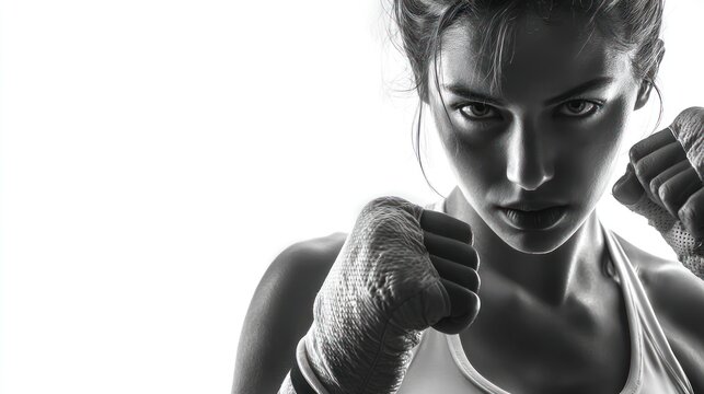 Powerful black and white portrait of a determined female athlete in fighting stance - Powered by Adobe