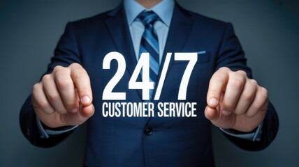Businessman presents glowing digital text promoting continuous support availability