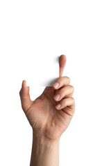 Hand holding a blank vertical white business card or flyer isolated on transparent white background 