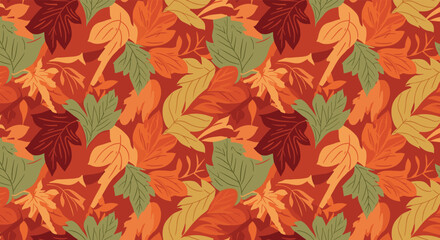 Fototapeta premium Vibrant and warm autumn foliage pattern featuring a variety of leaf shapes in rich red, orange, green, and yellow tones on a complementary backdrop.