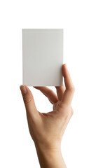 Hand holding a blank vertical white business card or flyer isolated on transparent white background 