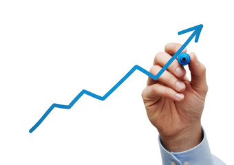 Hand with a blue marker drawing a rising arrow graph, symbolizing growth isolated on transparent white background 