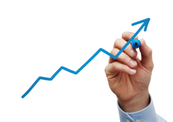 Hand with a blue marker drawing a rising arrow graph, symbolizing growth isolated on transparent white background 