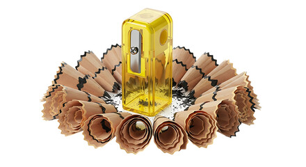Yellow Pencil Sharpener Surrounded by Pencil Sharpenings and Shavings plastic isolated on a transparent background