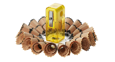 Yellow Pencil Sharpener Surrounded by Pencil Sharpenings and Shavings plastic isolated on a transparent background