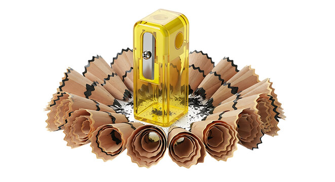 Yellow Pencil Sharpener Surrounded by Pencil Sharpenings and Shavings plastic isolated on a transparent background