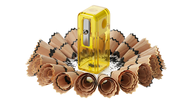 Yellow Pencil Sharpener Surrounded by Pencil Sharpenings and Shavings plastic isolated on a transparent background