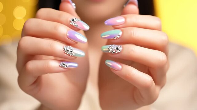 Woman Shows Manicured Hands With Rhinestone Nail Art, Beauty Close Up