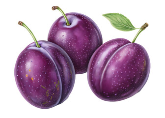 Three ripe purple plums isolated on white background