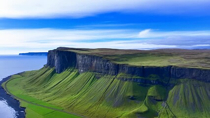 Scenic aerial view of a dramatic cliff face by the ocean with green fields