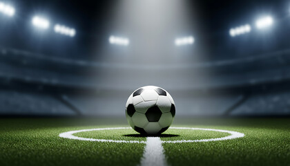 Iconic Soccer Ball Centered On Verdant Pitch Inside Grand Lit Stadium