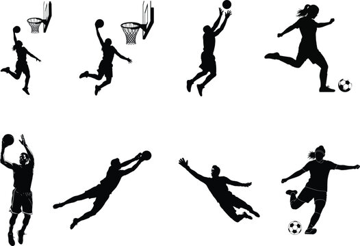 Silhouette collection of female athletes playing basketball soccer and handball