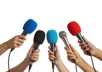 Many hands holding colorful microphones for a press conference or interview isolated on transparent white background