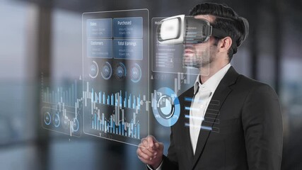 A businessman explores data through a virtual reality headset in a modern office. The futuristic visuals provide insights into business analytics and trends. Raster - Powered by Adobe