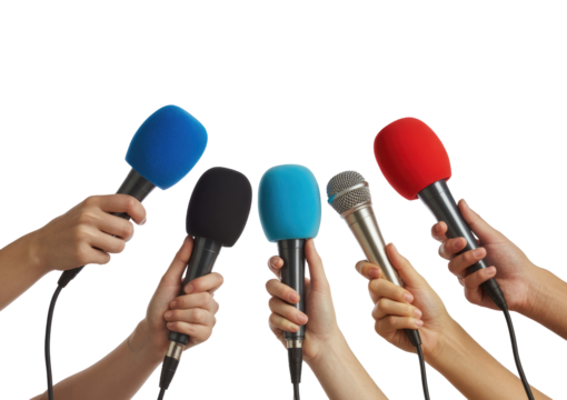 Many hands holding colorful microphones for a press conference or interview isolated on transparent white background - Powered by Adobe