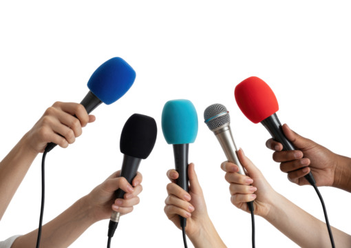 Many hands holding colorful microphones for a press conference or interview isolated on transparent white background