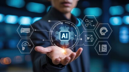 Business professional presents artificial intelligence technology interface above their open palm